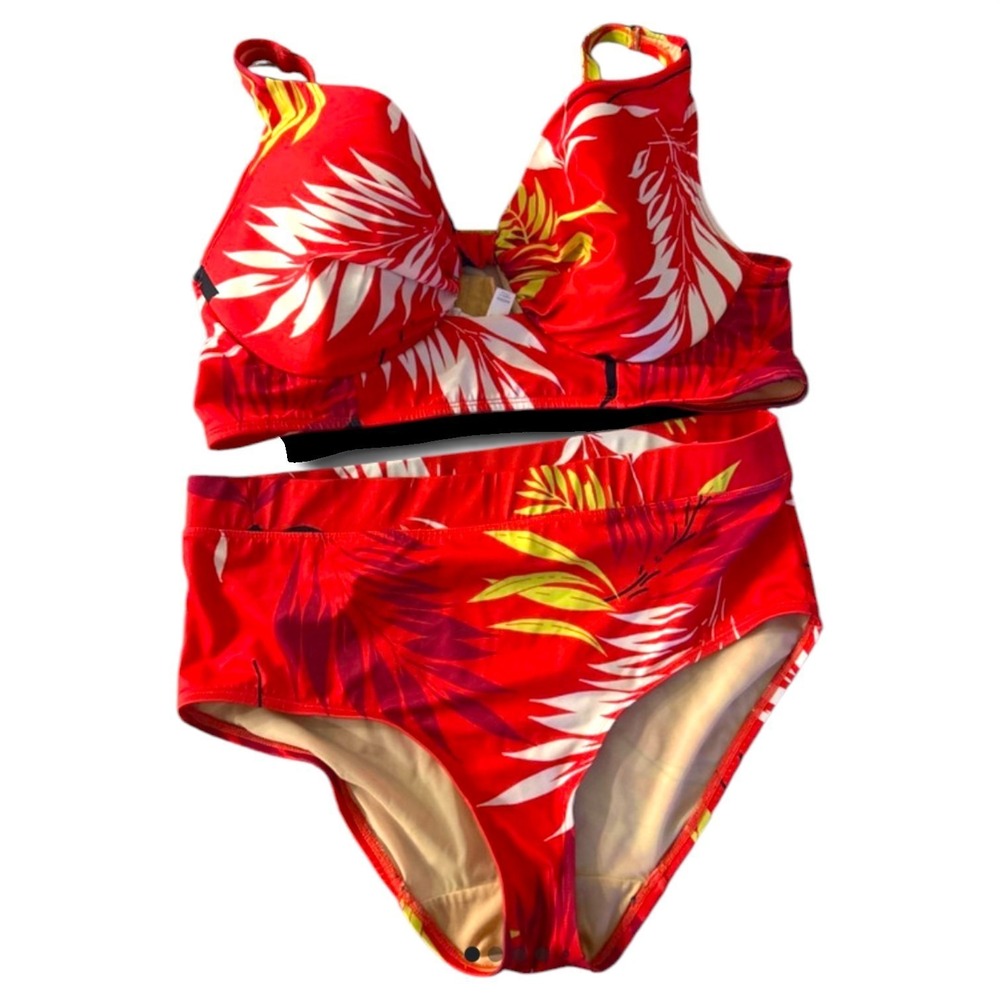 Tropical Palm Print Bikini Set High Waist Underwire Swimwear Cacique 14 40DDD
